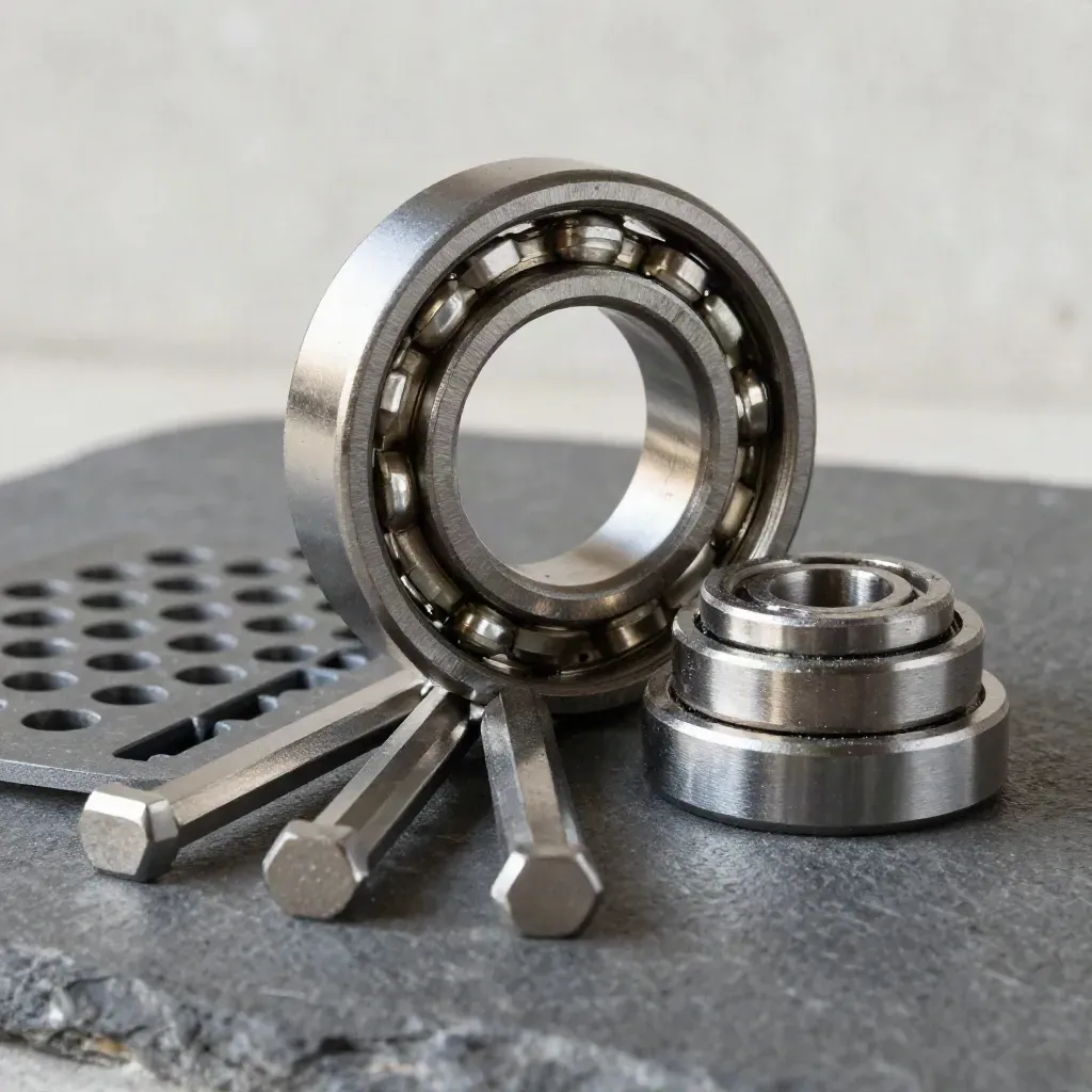 Top-down industrial still life of bearings, hex keys, shim stack, and parts tray on cool stone.
