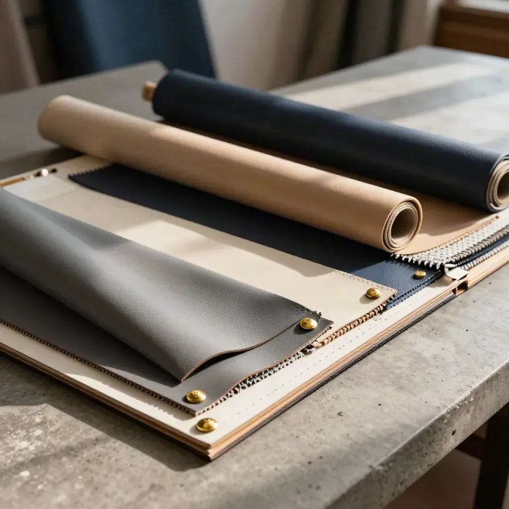 Leather swatches, brass snaps, and woven rolls on a concrete bench in soft studio light.