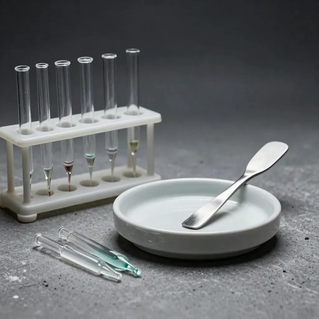 Glass pipette tips beside a tube rack, ceramic dish, and steel spatula on stone.