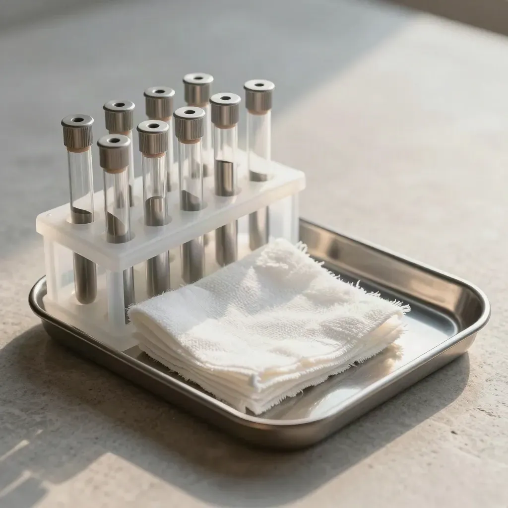 Macro healthcare still life of specimen tubes, gauze, and a metal tray on pale stone.