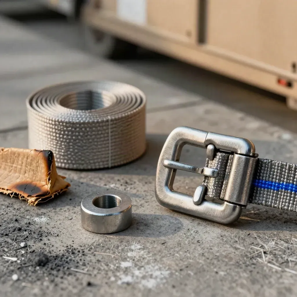 Macro freight still life of strap buckle, seal, corner protector, and rolled strap on concrete.