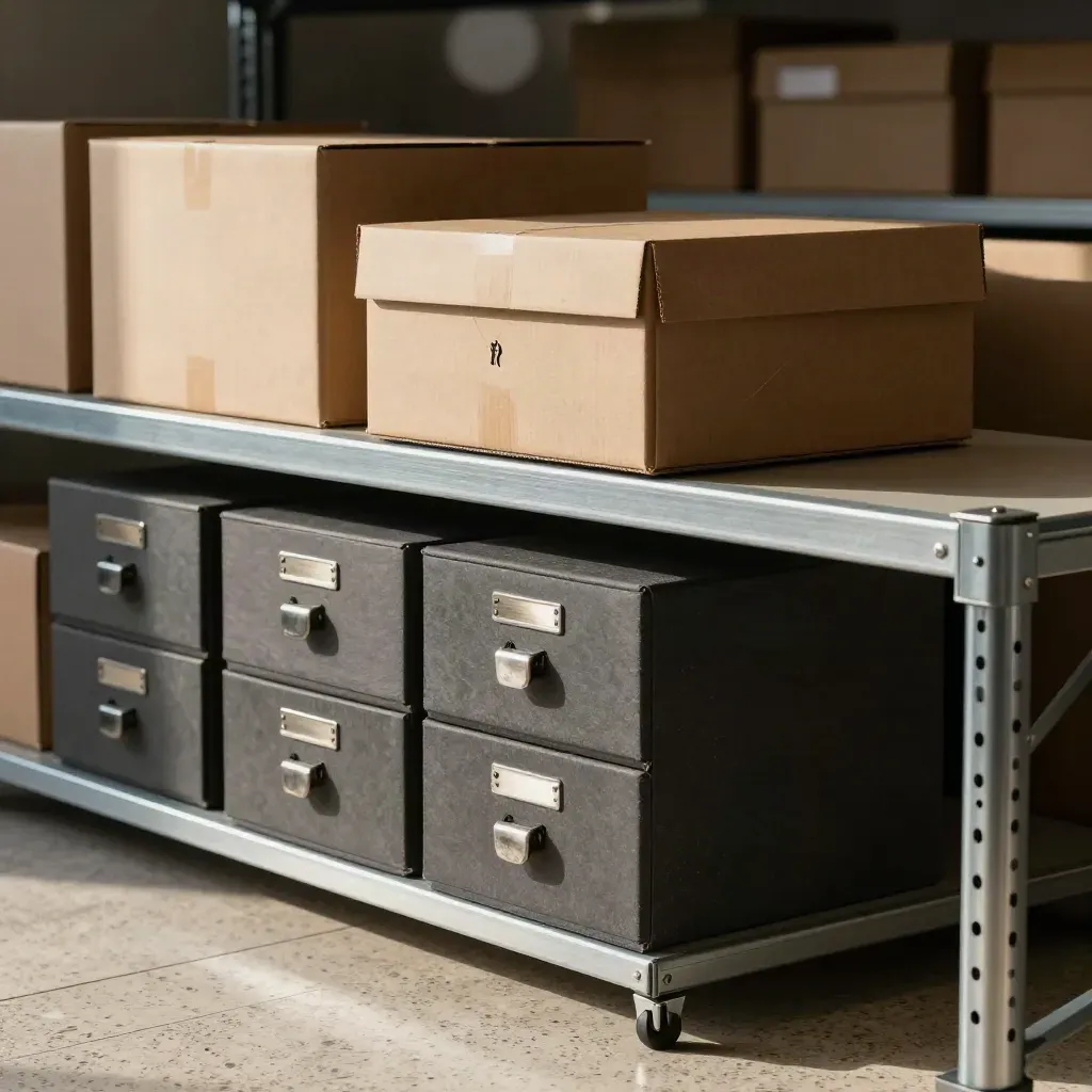 Archive boxes, shelf tags, drawer pulls, and sorter rail on travertine in dramatic still life.
