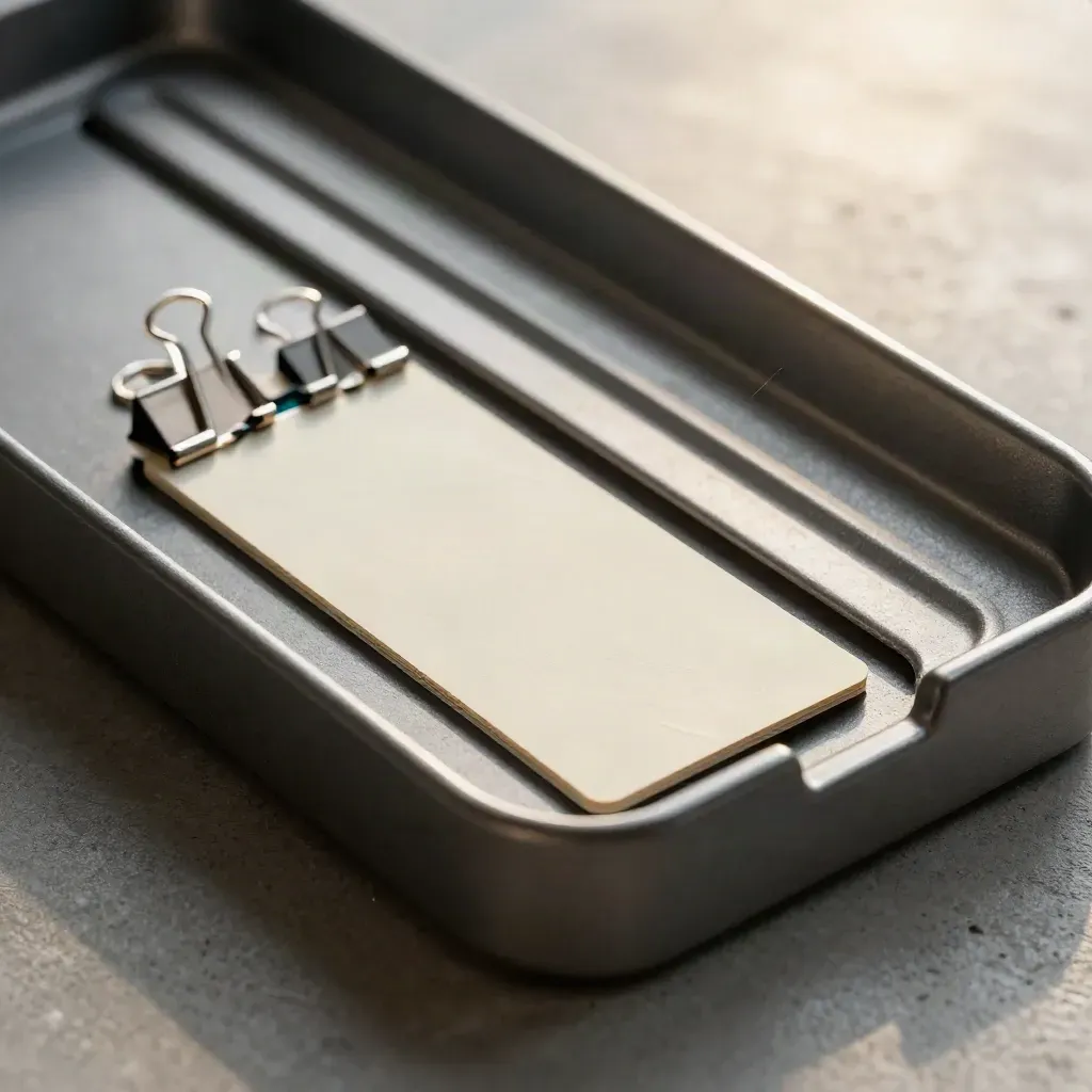 Macro of a routing tray with a blank card and two binder clips on concrete grey.