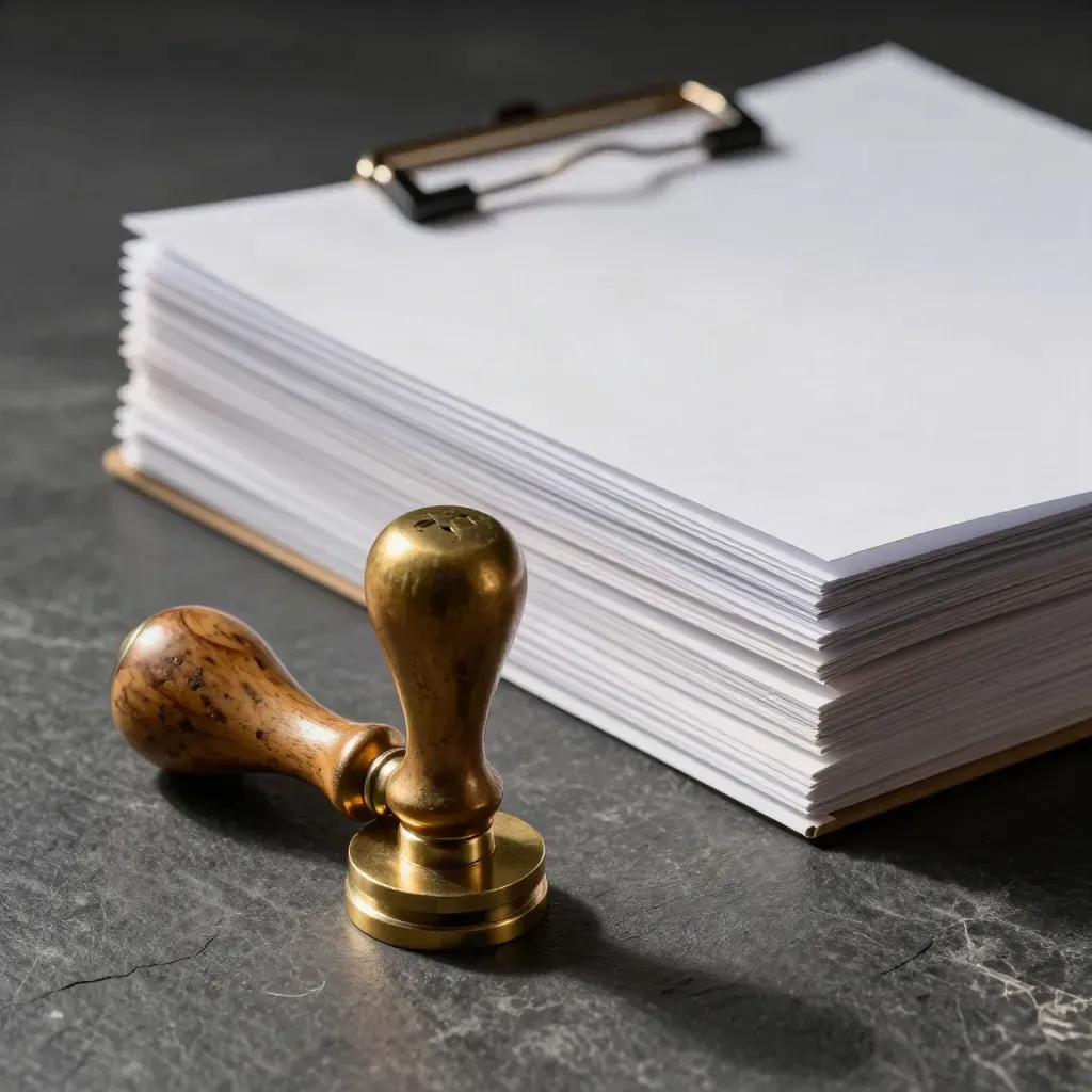 Brass approval stamp beside a spring clamp and closed file folders on dark slate.