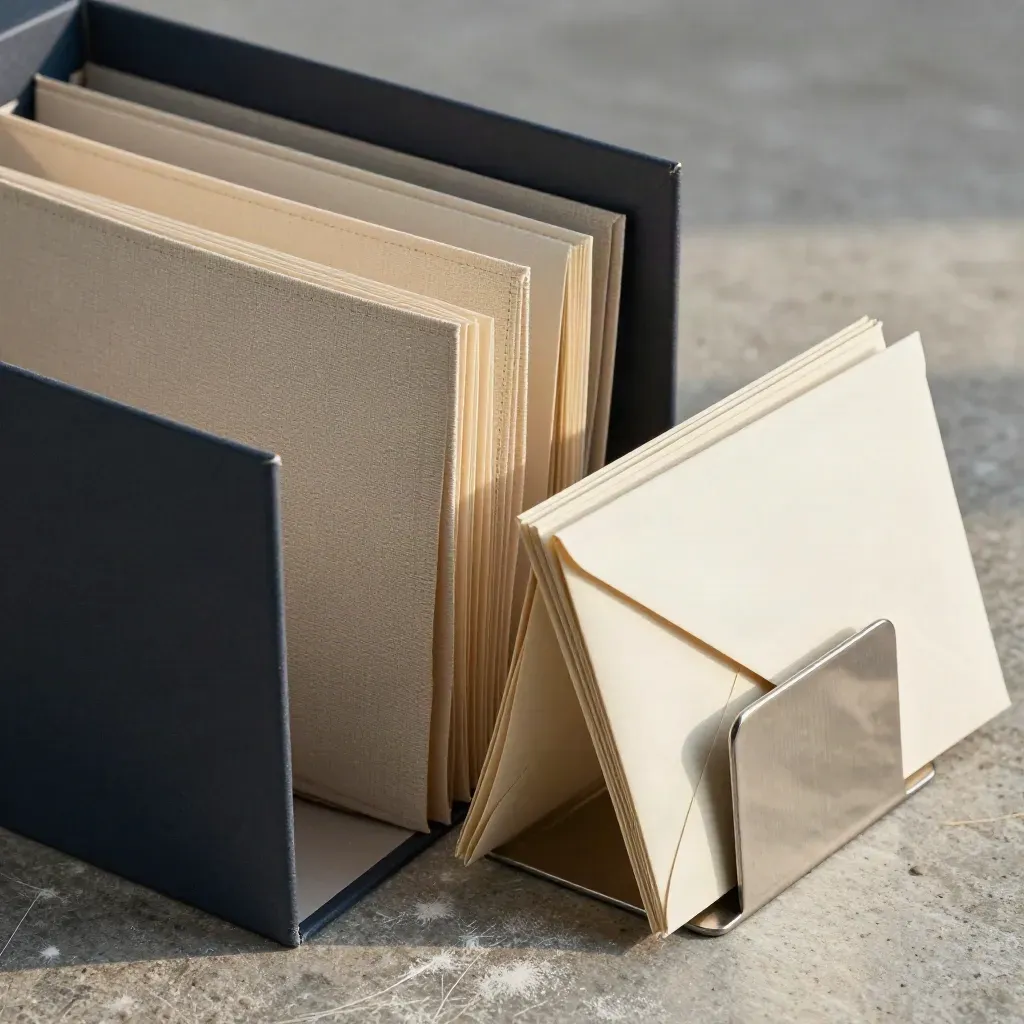Open archival file box with linen folders, steel bookend, and envelope stack on stone