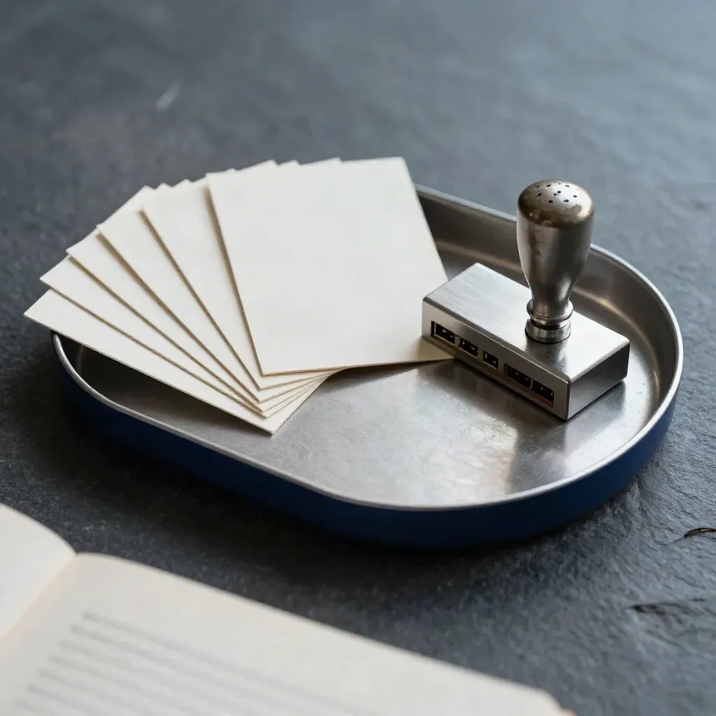 Top-down still life of startup task cards, adapter block, stamp and tray on slate stone, seen past a notebook edge.