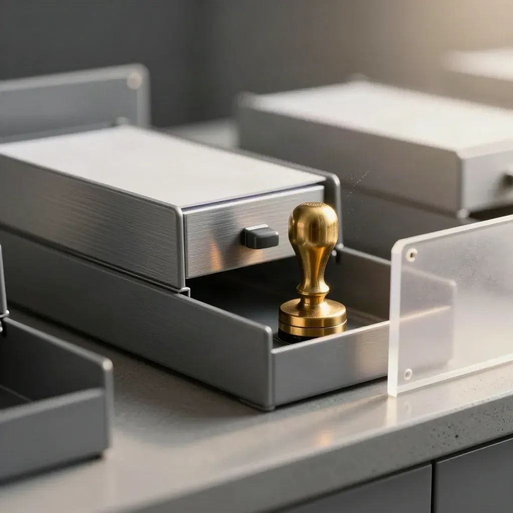 Brass approval stamp and routing trays behind a blurred acrylic divider in a mailroom