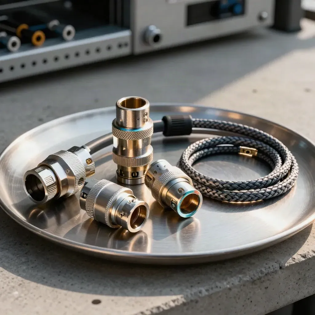 Cable adapters and braided patch lead on brushed metal plate in dramatic studio light.