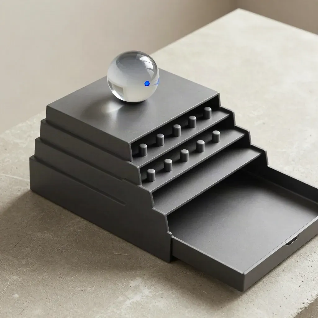 Overhead still life of a tiered organizer with pegs and a blue-accent sphere