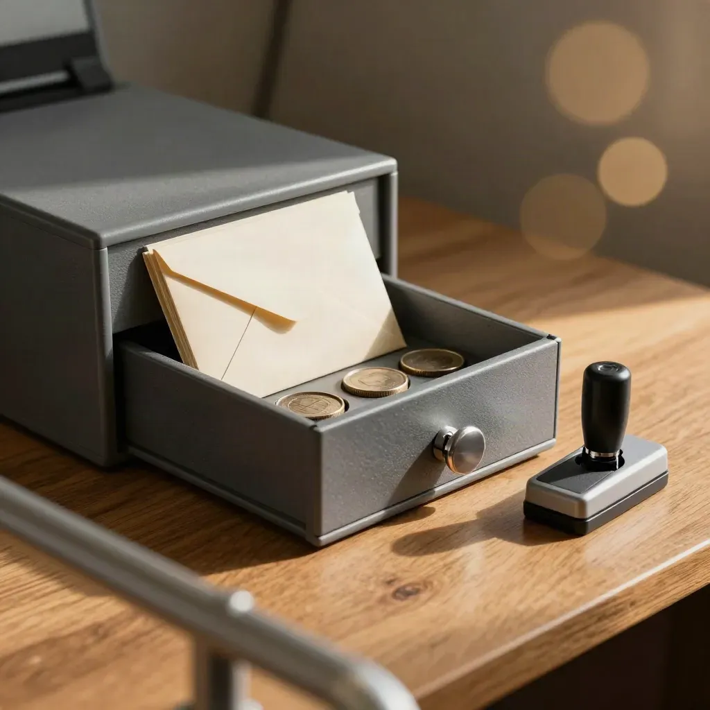 Back-office still life of envelopes, seal press, cash drawer insert and metal block under dramatic light.