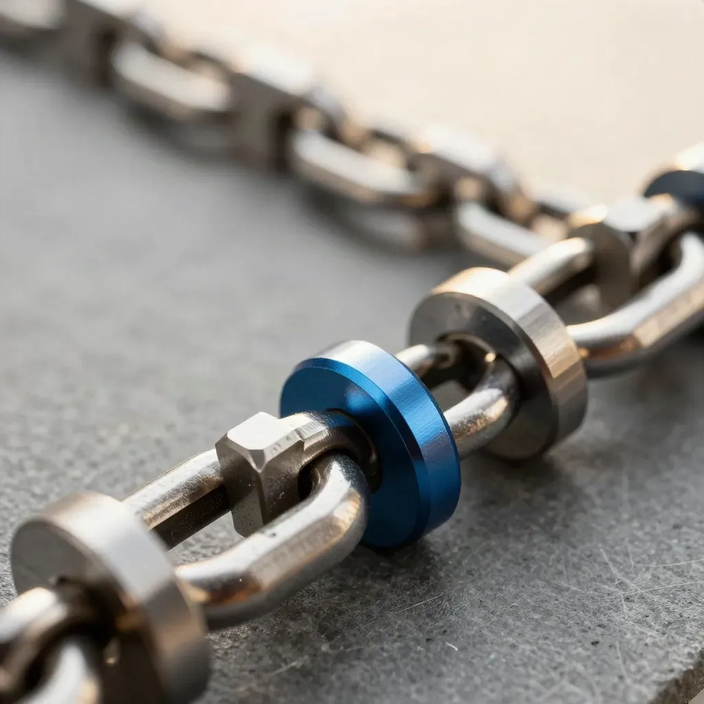 Macro still life of linked metal rings and connector blocks with an electric-blue spacer.
