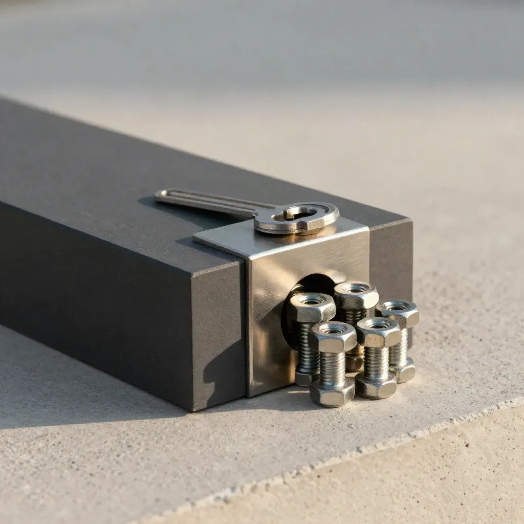 Concrete dovetail blocks locked by a square coupler with hex fasteners in dramatic side light.