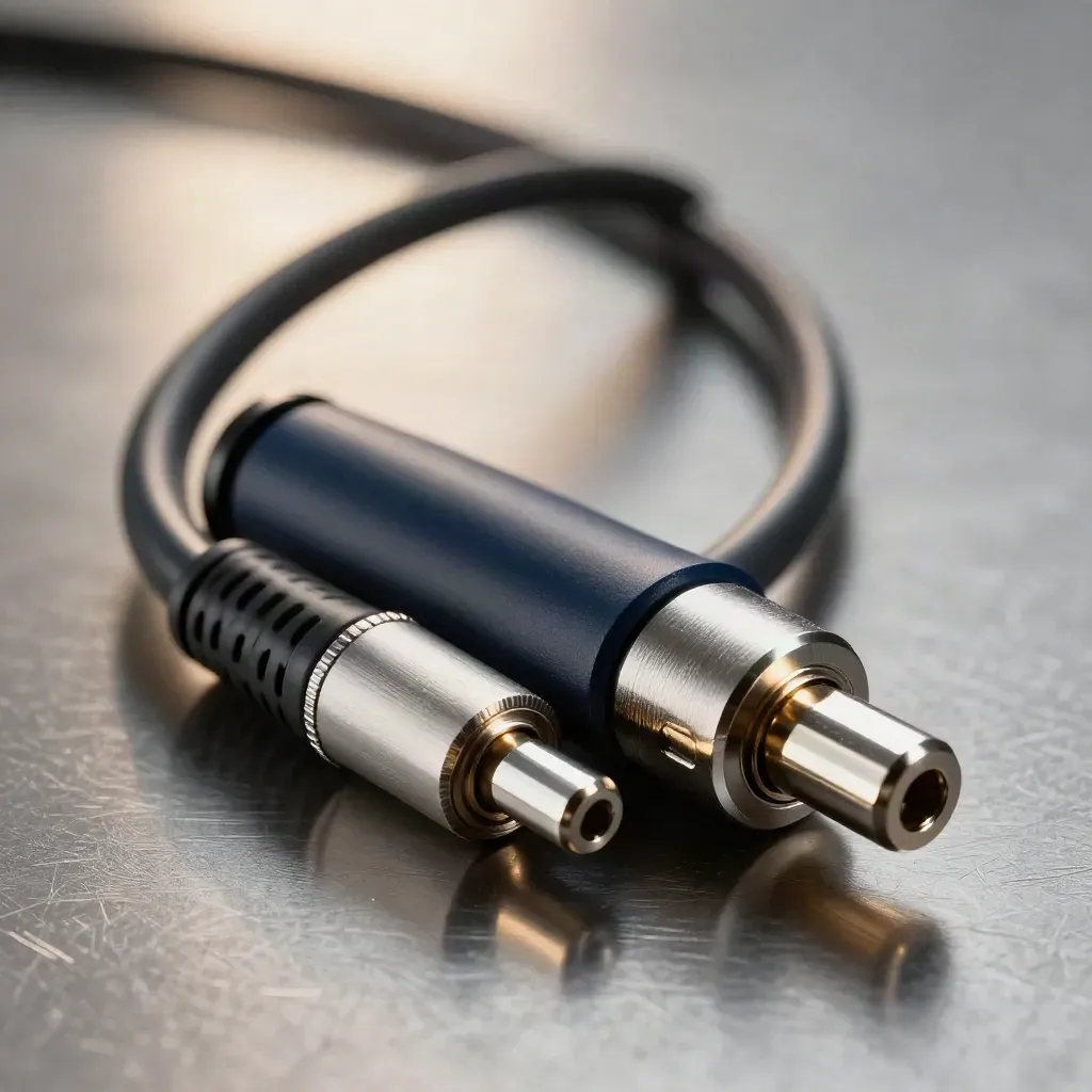 Macro connector shell and braided cable pins on brushed metal, side-lit with navy accent.