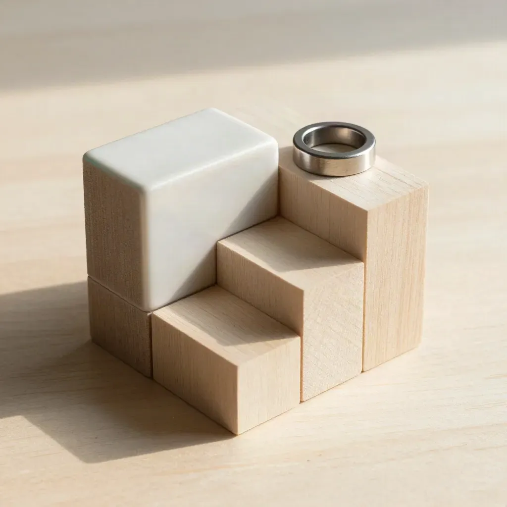 Graphite cubes, ceramic spacer, and ring magnet on pale wood, lit from above.