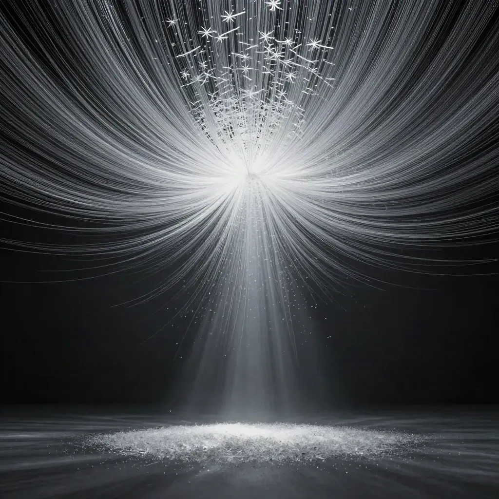 Silver light filaments gather into a white bloom in dark graphite haze.